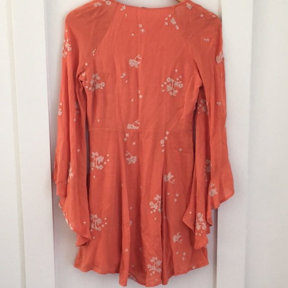 New Free People Jasmine embroidered faux wrap surplice trumpet sleeve mini dress - Picture 11 of 16
